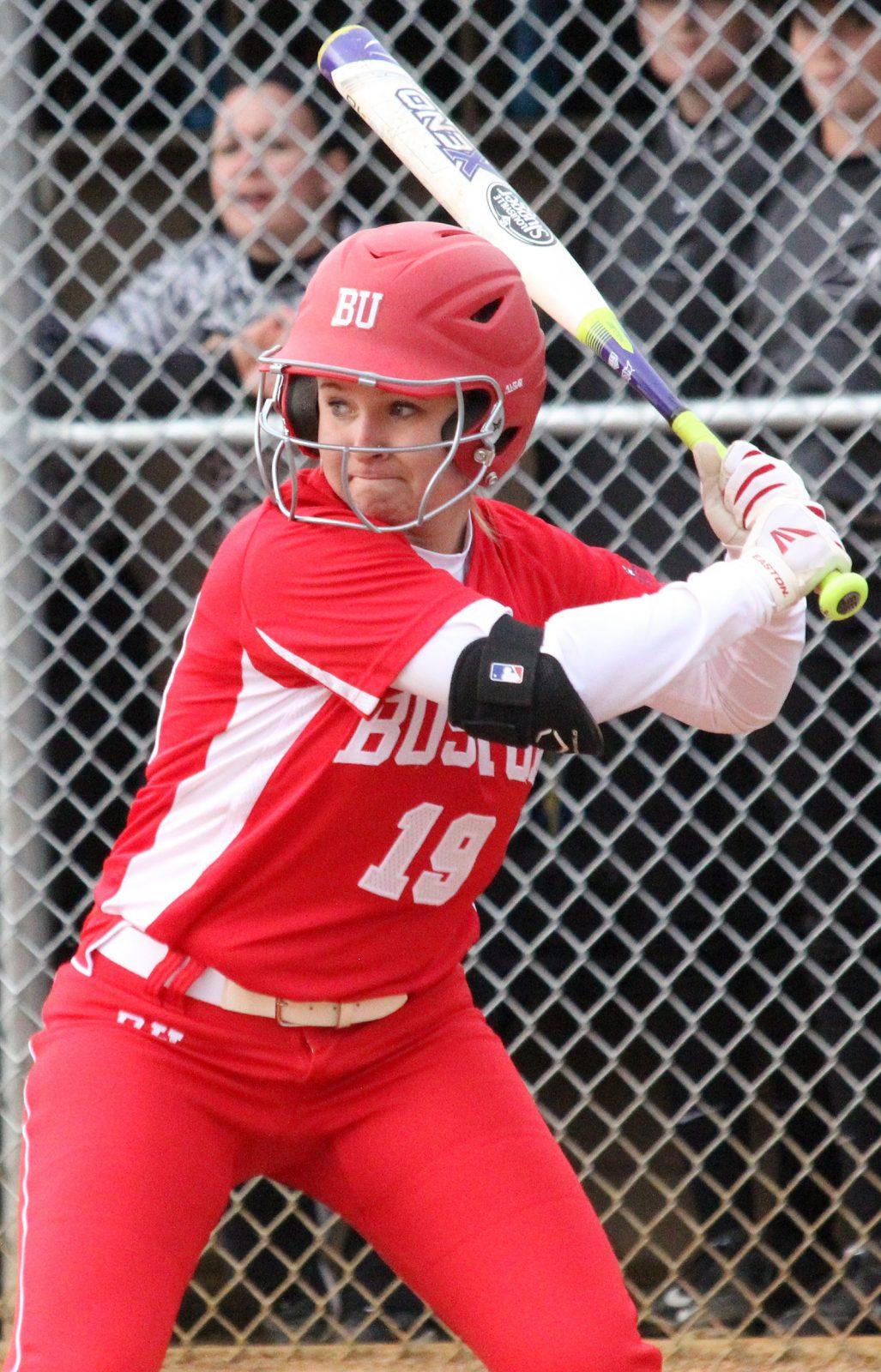Sophomore infielder Emily Morrow was active in the field on Tuesday, making plays to keep the Terriers in the game. PHOTO BY SOFIA FARENTINOS/ DAILY FREE PRESS STAFF