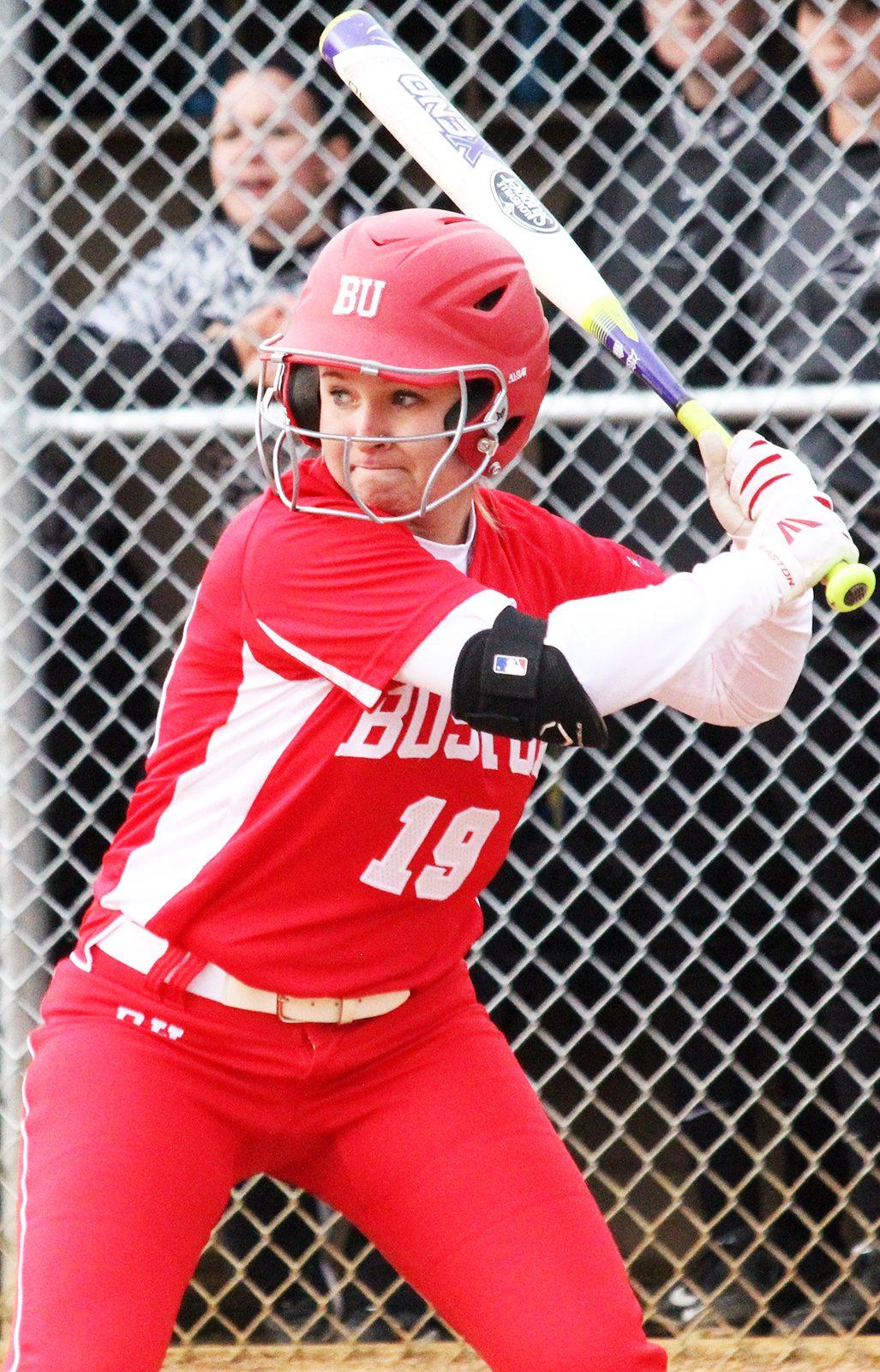 Emily Morrow hit her first collegiate home run in BU's win over North Florida. PHOTO BY SOFIA FARENTINOS/ DAILY FREE PRESS STAFF