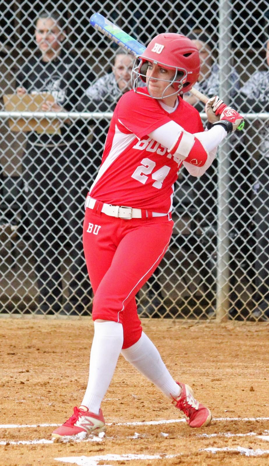 Brittany Younan finished with an RBI in the second game of the doubleheader. PHOTO BY SOFIA FARENTINOS/DAILY FREE PRESS STAFF
