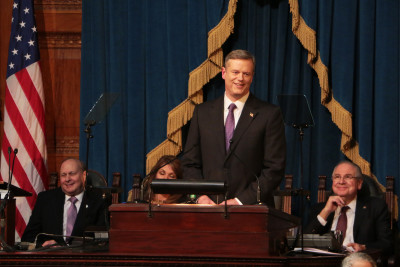 Governor Charlie Baker delivers the State of the Commonwealth in the House Chamber of the Massachusetts State House Thursday evening. PHOTO BY KELSEY CRONIN/DAILY FREE PRESS STAFF