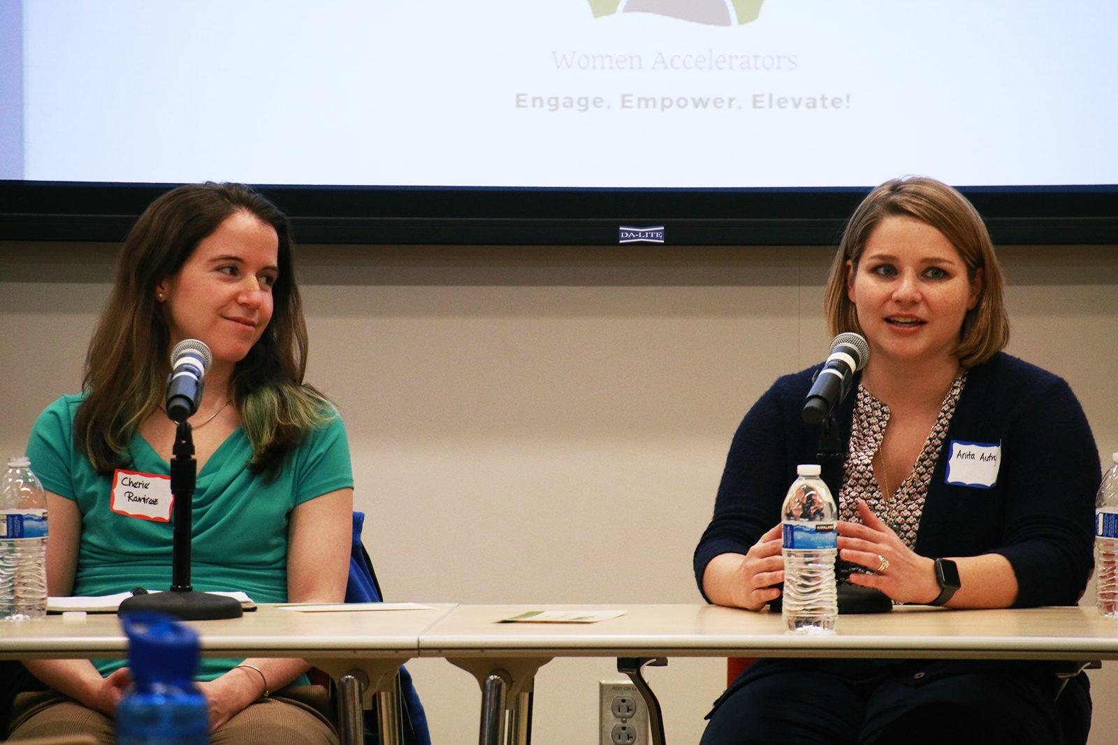 A panel gathers Tuesday night at the Broad Institute to discuss their personal experiences as women in STEM and how they leveraged their scientific backgrounds to advance their careers. PHOTO BY JACKIE O'BRIEN/ DAILY FREE PRESS CONTRIBUTOR