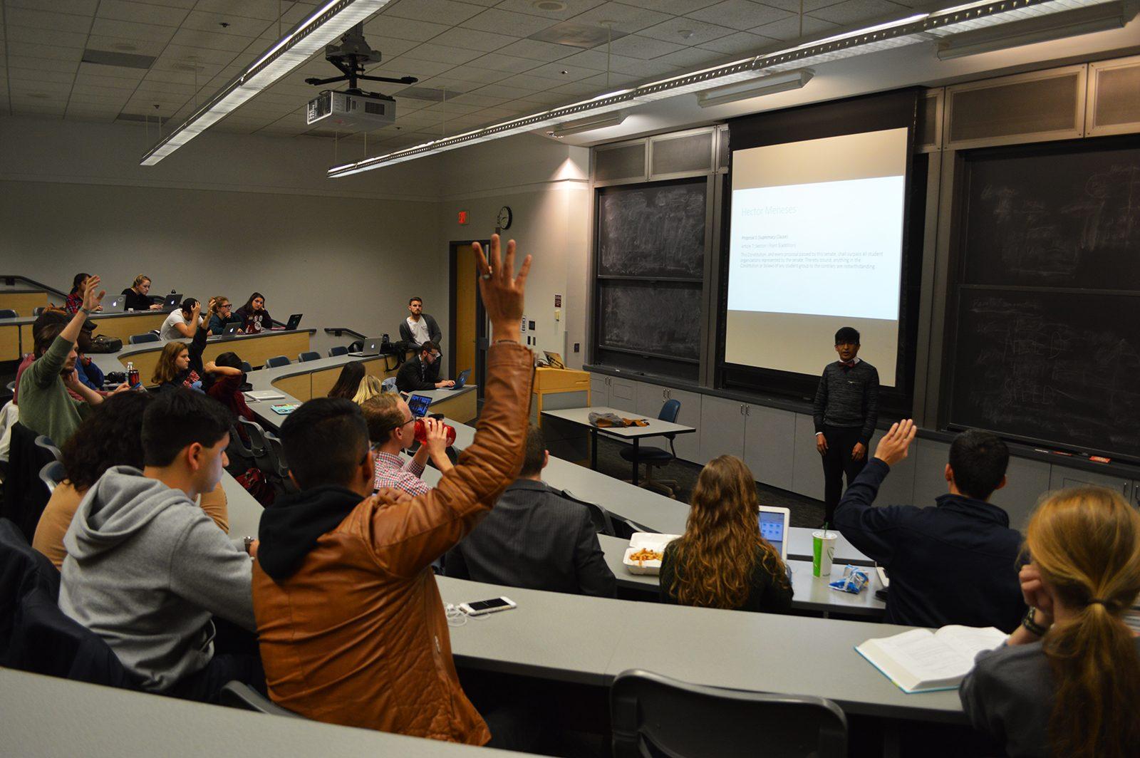 Boston University's Student Government holds the last Senate meeting of the semester Monday night in the Photonics Center. PHOTO BY CAROLYN KOMATSOULIS/ DAILY FREE PRESS STAFF 