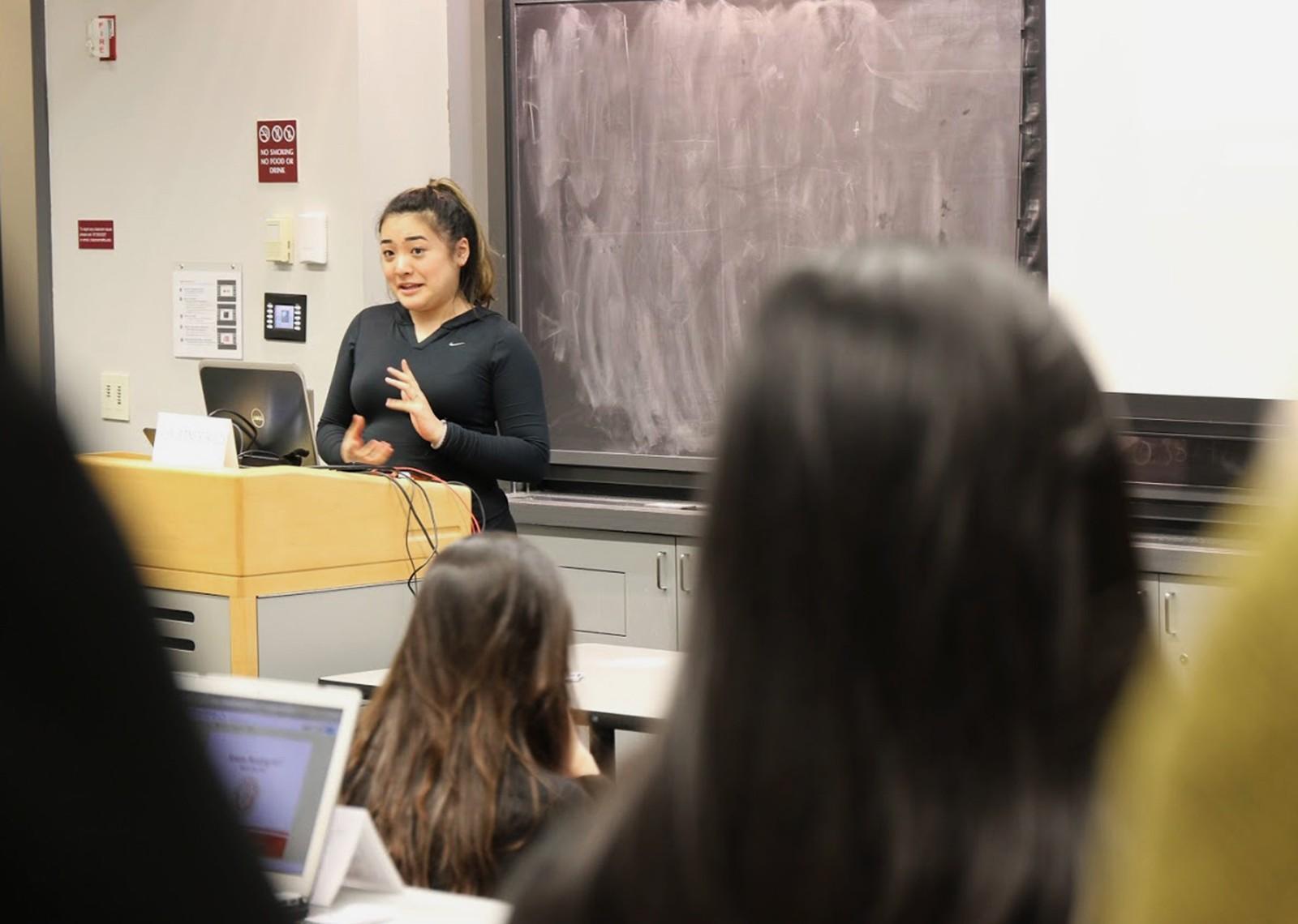Current BU Student Government Vice President of Finance Akiko Endo speaks at last week’s Senate meeting in the Photonics Center. PHOTO BY BRITTANY CHANGE/DAILY FREE PRESS STAFF