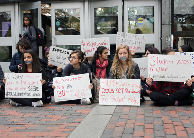 BU Students Against Silence, a group formed in response to the impeachment of several leaders of Student Government, at a rally Nov. 10. The group held a smaller protest Tuesday. PHOTO BY EMILY ZABOSKI/DAILY FREE PRESS STAFF