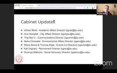 cabinet updates at a boston university student government meeting