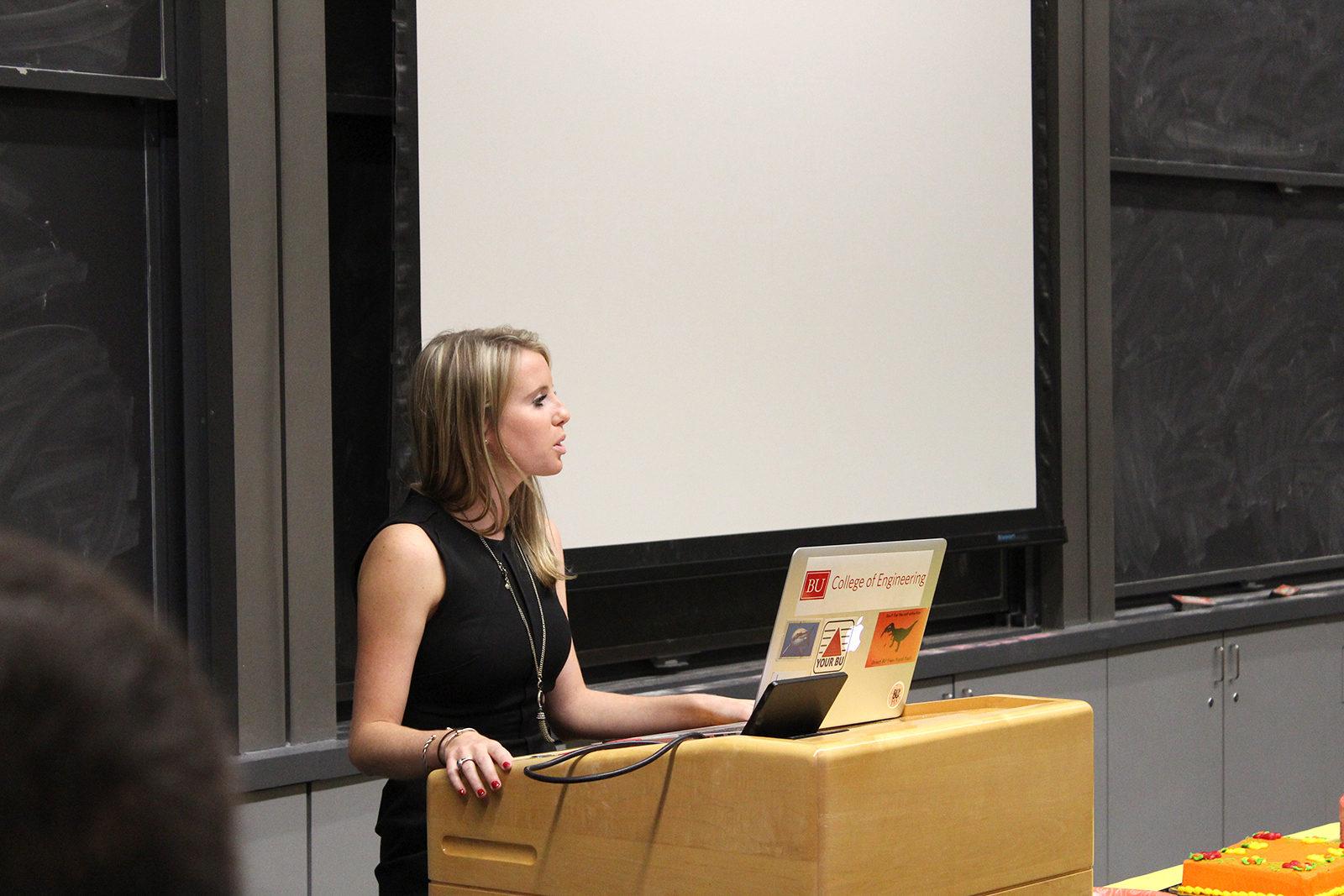 Student Government President SaraAnn Kurkul speaks at a meeting on Oct. 23. PHOTO BY RACHEL SHARPLES/ DAILY FREE PRESS STAFF