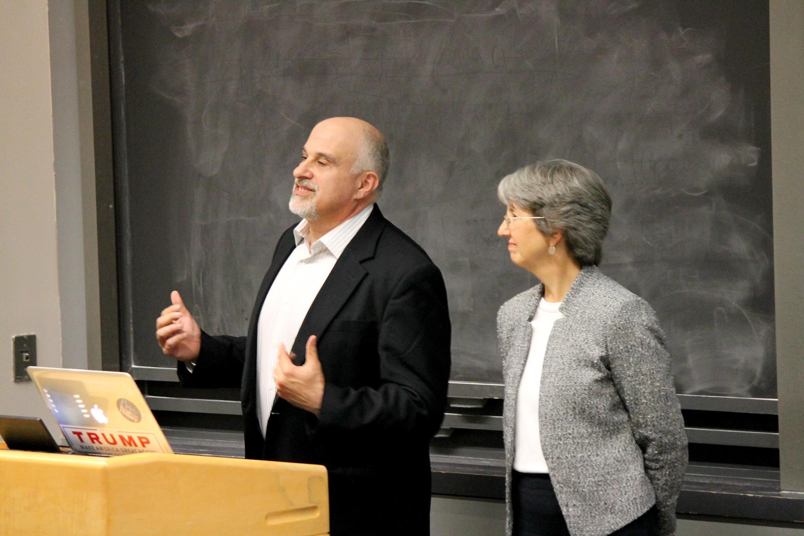 History professor Bruce Schulman and English professor Elizabeth Loizeaux introduce their General Education Task Force initiative at the Boston University Senate meeting Monday night. PHOTO BY MADISON GOLDMAN/DAILY FREE PRESS STAFF
