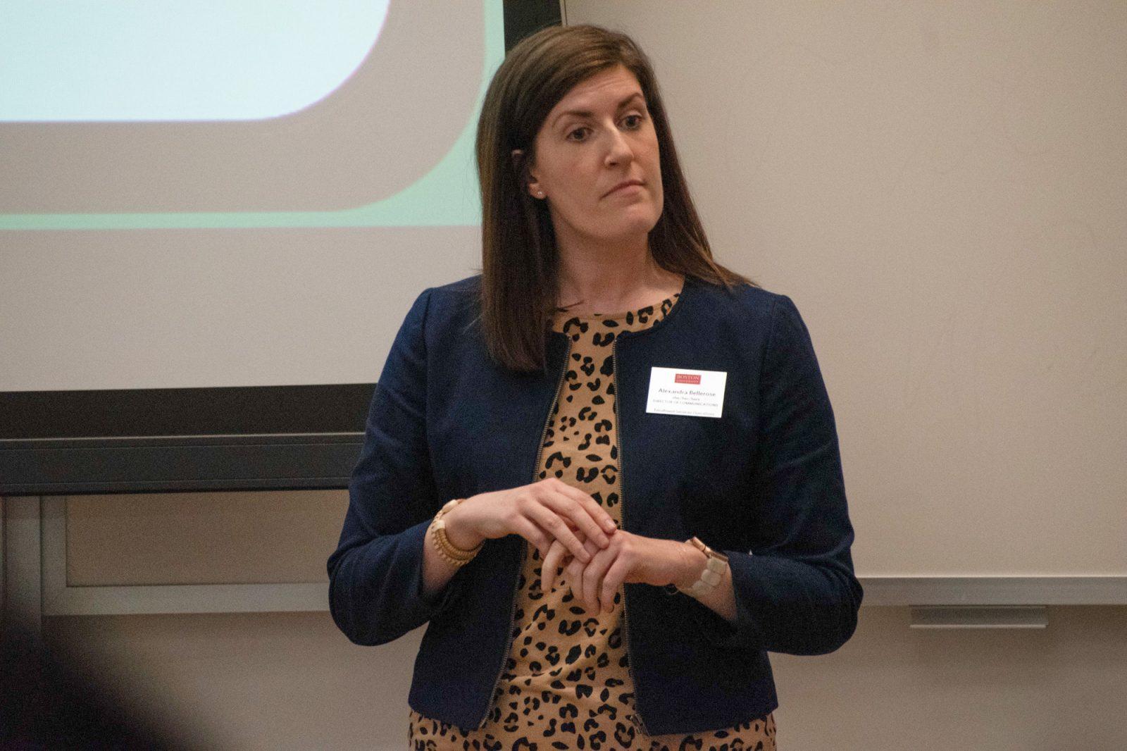 Director of Communications for Enrolled Students Alexandra Bellerose speaks at a BU Student Government meeting on Oct. 21. StuGov addressed three funding requests and featured BU President Melissa Gilliam as a guest speaker during its meeting on Monday. JOHN DOWNES/DFP PHOTOGRAPHER
