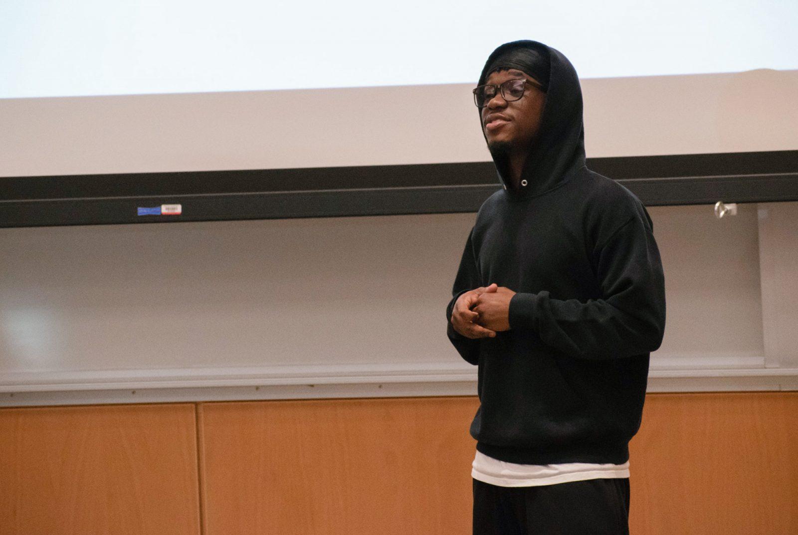 Boston University Student Body President Akwasi Antwi speaks at a BU Student Government meeting on Oct. 21. At its meeting on Monday, the BU Student Government approved two funding requests for student organizations and endorsed a survey by the Boston Political Review. JOHN DOWNES/DFP PHOTOGRAPHER