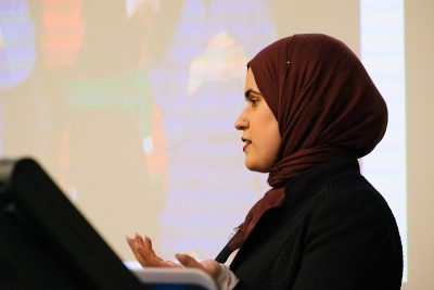 CEO and founder of The Tempest Laila Alawa discusses her experiences as a Muslim woman during a discussion hosted by the Islamic Society of Boston University Thursday night in the College of Arts and Sciences PHOTO BY BRIAN SONG/ DAILY FREE PRESS STAFF
