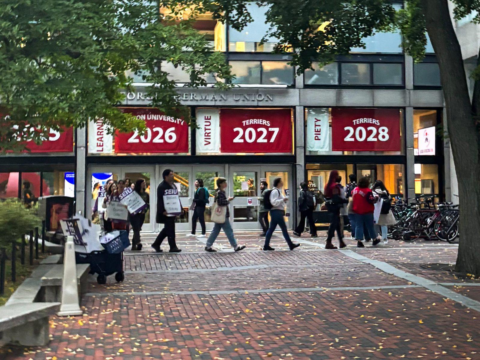 The Boston University Graduate Workers Union protests outside the George Sherman Union on Boston University’s campus Wednesday, Sept. 25, 2024. They later marched to WBUR, where members of the BU Board of Trustees were present.
PHOTO BY CRYSTAL YORMICK