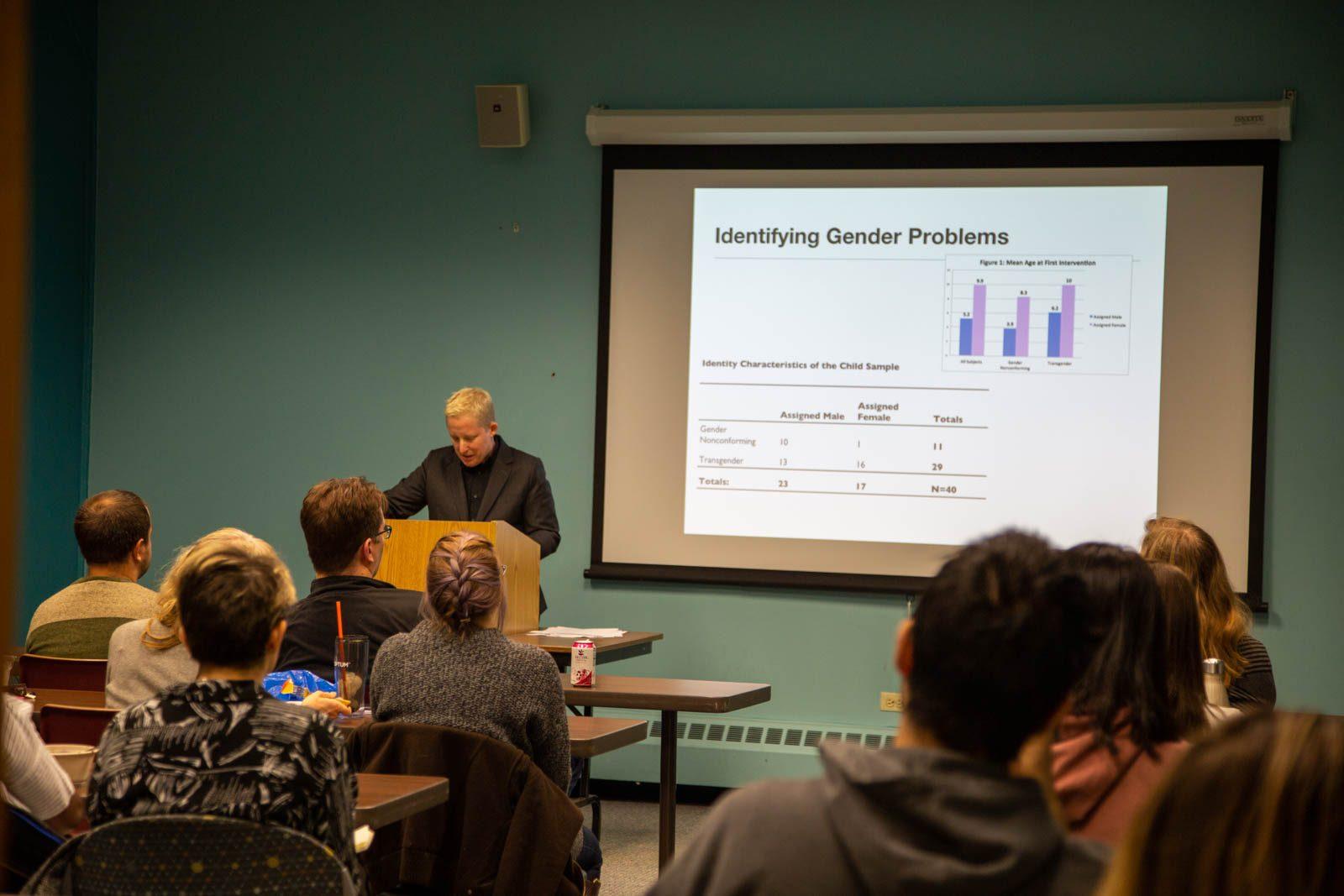Columbia University professor Tey Meadow speaks about her new book “Trans Kids: Being Gendered in the Twenty-First Century” Monday as part of Boston University Department of Sociology’s seminar series. HALEY ABRAM/ DAILY FREE PRESS STAFF