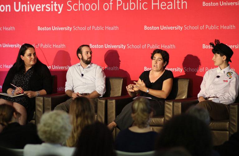 From left to right, Sophie Godley, Mason Dunn, Jennifer Siegel and Iris Olson partake in a panel on the transgender rights ballot question in November’s Massachusetts general election. PHOTO COURTESY OF MICHAEL SAUNDERS