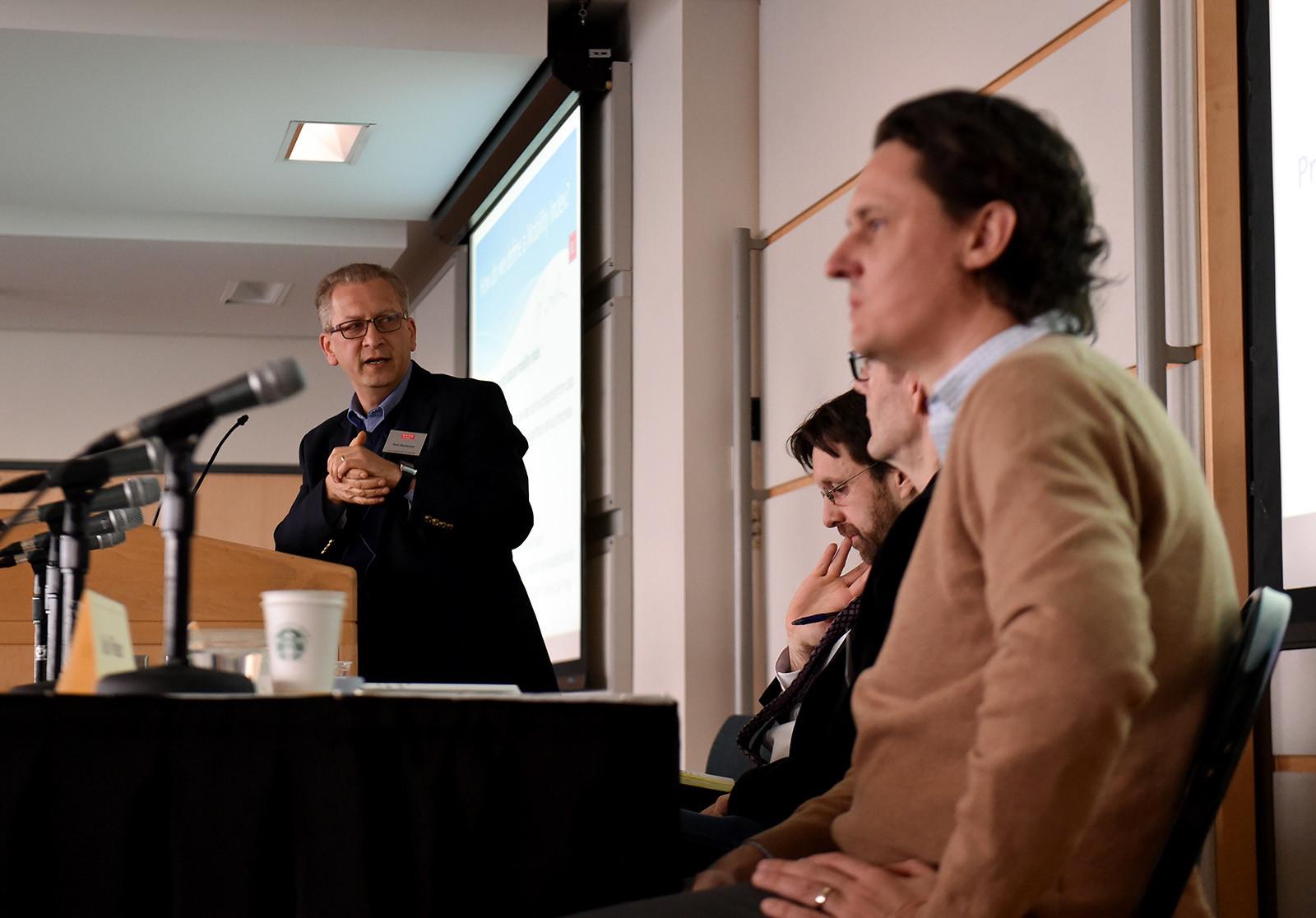 Azer Bestavros, professor of computer science at Boston University, speaks Monday morning during the city leadership summit, “Transportation Nudges: Experiments in Improving Urban Mobility.” PHOTO BY MADDIE MALHOTRA/DAILY FREE PRESS STAFF