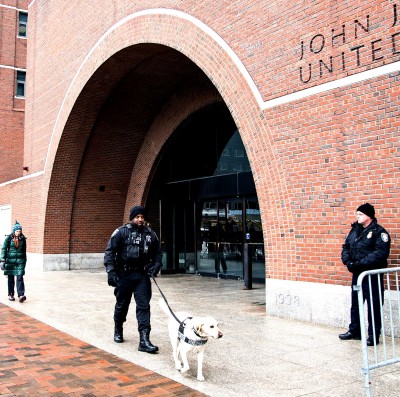 Authorities patrol the John Joseph Moakley United States Courthouse March 4. Terrorism expert Matthew Levitt testified Monday in the trial of Boston Marathon bombing suspect Dzhokhar Tsarnaev. PHOTO BY ALEXANDRA WIMLEY/DFP FILE PHOTO