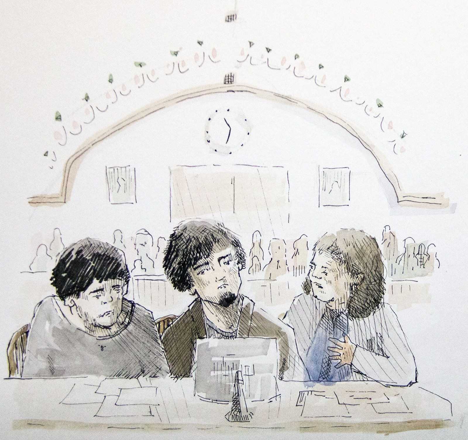 Boston Marathon bombing suspect Dzhokhar Tsarnaev and his defense lawyers are depicted in a courtroom sketch. The defense rested its case Tuesday at the John Joseph Moakley United States Courthouse. ILLUSTRATION BY REBECCA NESS/DAILY FREE PRESS STAFF