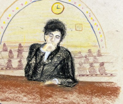 Boston Marathon bombing suspect Dzhokhar Tsarnaev depicted in a courtroom sketch. The prosecution rested their case Monday against Tsarnaev at the John Joseph Moakley United States Courthouse. ILLUSTRATION BY COURTNEY DUTRA/DAILY FREE PRESS STAFF