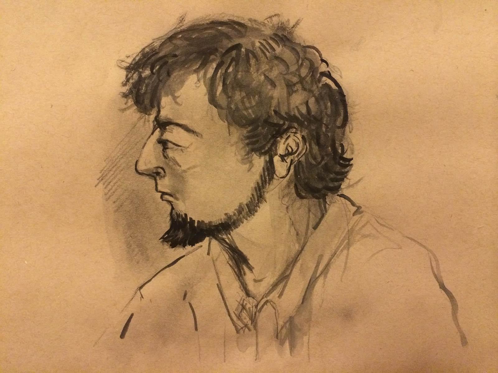 Boston Marathon bomber Dzhokhar Tsarnaev is depicted in a courtroom sketch at the John Joseph Moakley United States Courthouse. ILLUSTRATION BY REBECCA NESS/ DAILY FREE PRESS STAFF
