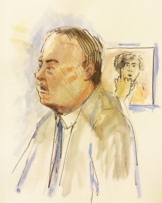 Prosecutor Steve Millen makes closing remarks during the trial Wednesday, mentioning the video of Tsarnaev giving the middle finger to a camera in a holding cell. ILLUSTRATION BY REBECCA NESS/ DAILY FREE PRESS STAFF