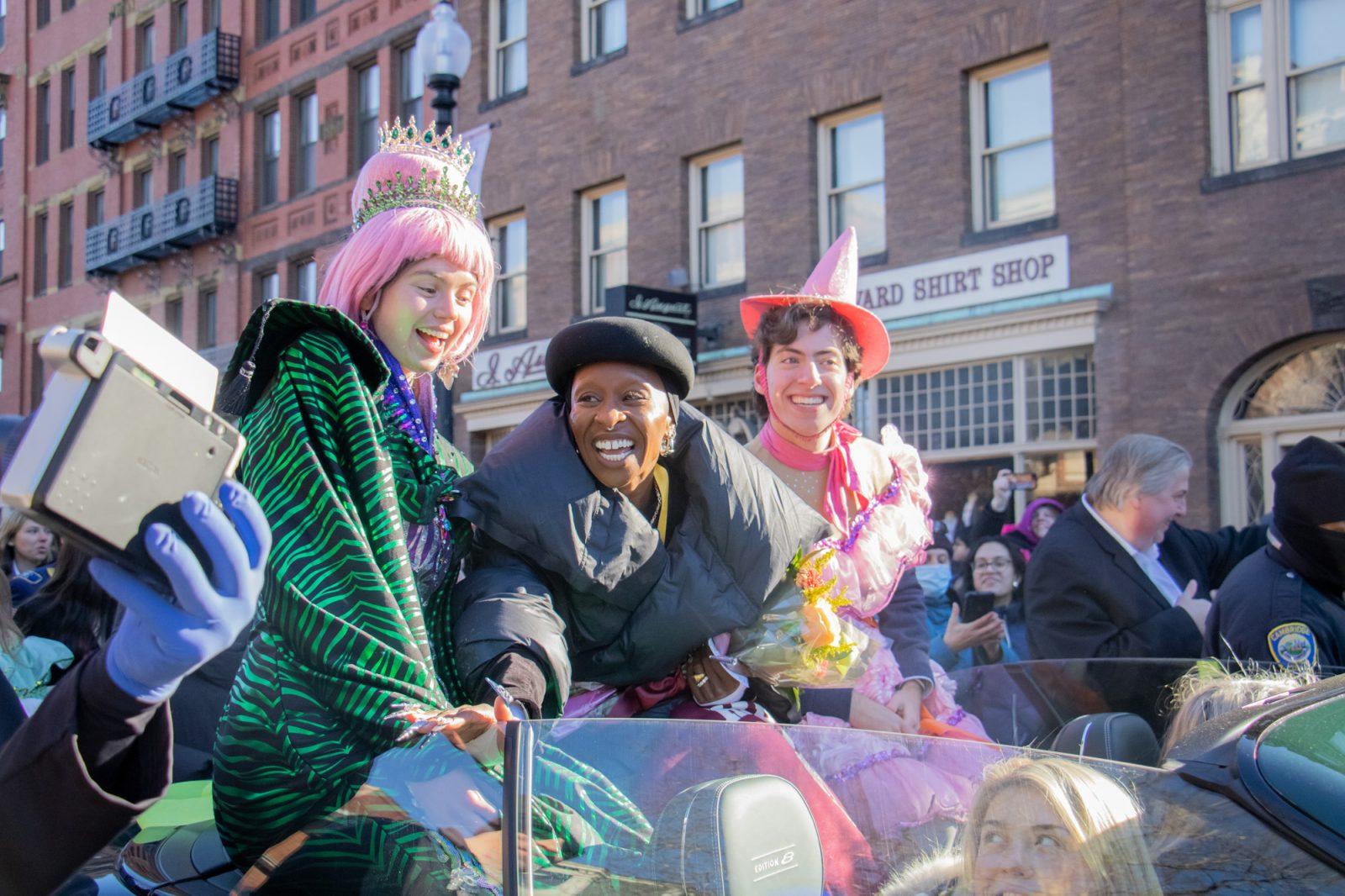 Parade honoree Cynthia Erivo is driven through Harvard Square with Cathy Stanton and Bernardo Sequeria. TALIA LISSAUER/DFP PHOTOGRAPHER 