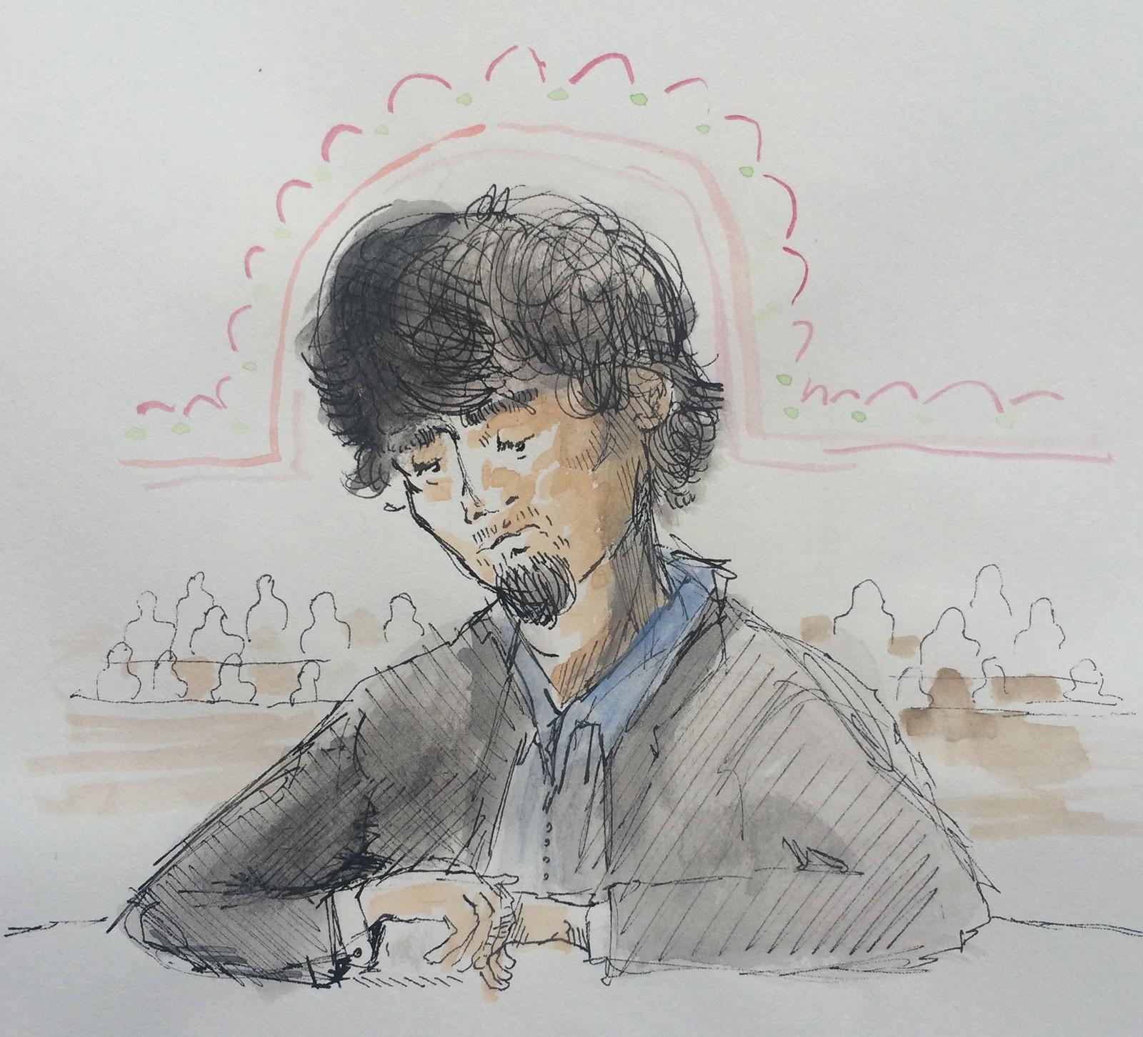 Boston Marathon bomber Dzhokhar Tsarnaev is depicted in a courtroom sketch at the John Joseph Moakley United States Courthouse Thursday, April 30. ILLUSTRATION BY REBECCA NESS/ DAILY FREE PRESS STAFF