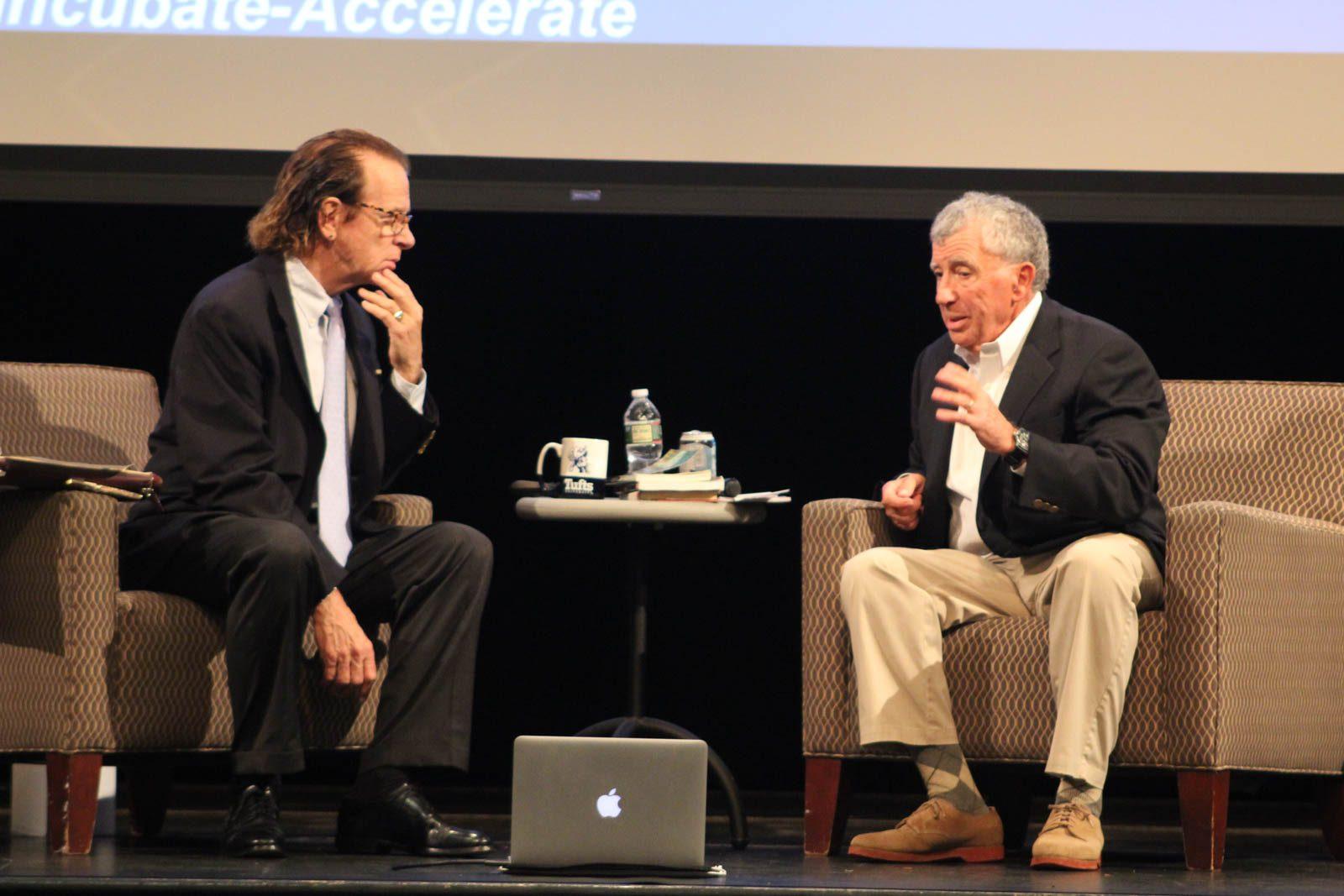 Tufts University alum and founder and former CEO of SoBe John Bello speaks at the Tufts Entrepreneurship Center Friday evening. COURTESY OF CAROL DENNING/ TUFTS
