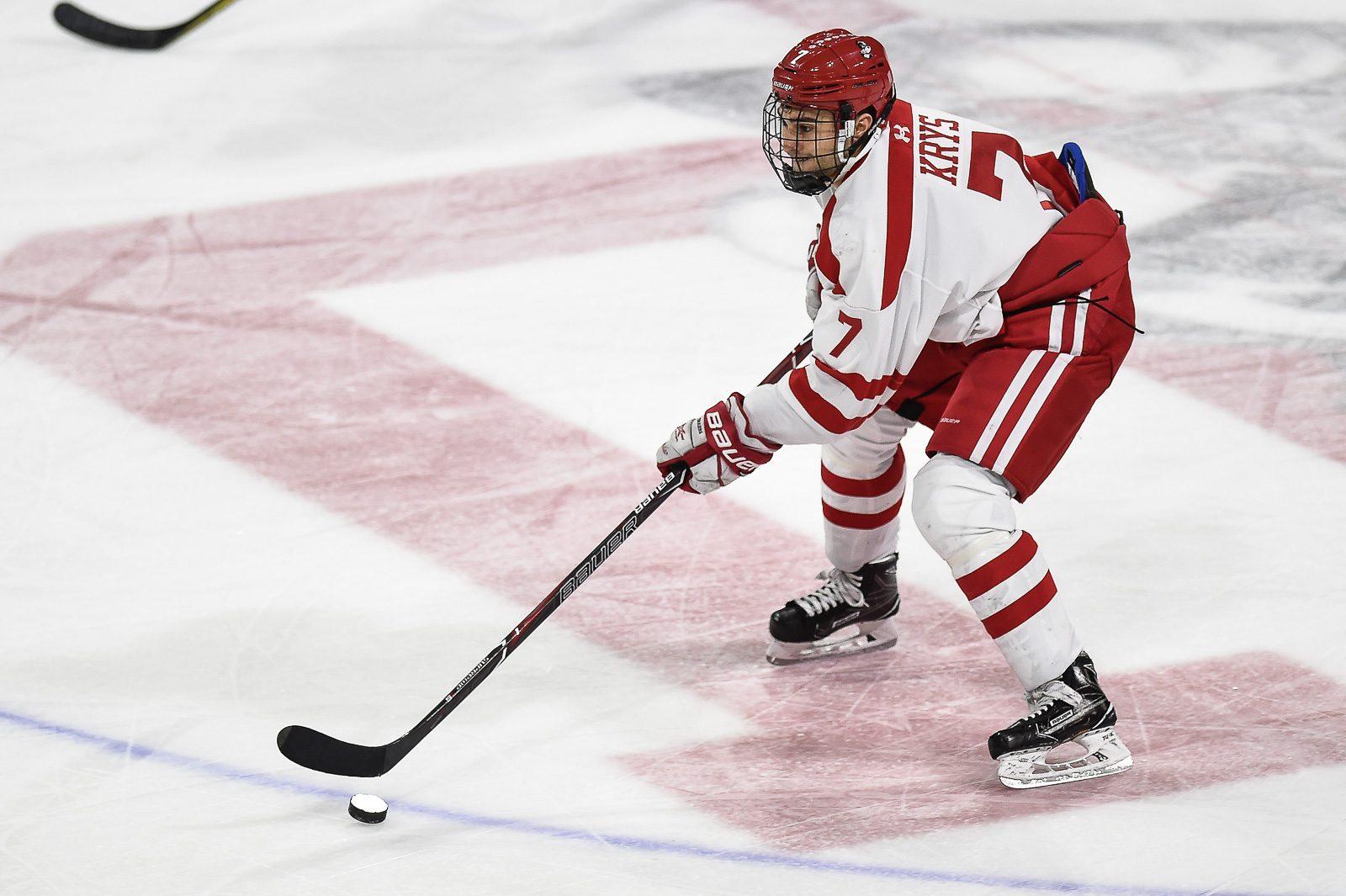 Junior defenseman and assistant captain Chad Krys in a game against University of Massachusetts Lowell in December 2017. Krys will miss Saturday’s game against Merrimack College due to a lower body injury. MADDIE MALHOTRA/ DAILY FREE PRESS STAFF