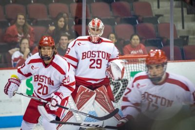 Terrier goalkeeper Jake Oettinger (29) and defensemen Brien Diffley (20) and Dante Fabbro (17) watch the USA offense. PHOTO BY JOHN KAVOURIS/DAILY FREE PRESS 