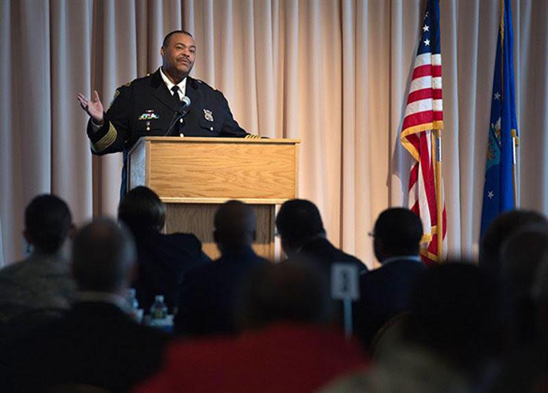 The Boston Police Department’s Superintendent-in-Chief William Gross speaks at an event honoring Martin Luther King, Jr. in January 2017. Gross took to Facebook Sunday regarding his views on the American Civil Liberties Union’s lawsuit against the BPD. PHOTO COURTESY OF JERRY SASLAV/ U.S. AIR FORCE
