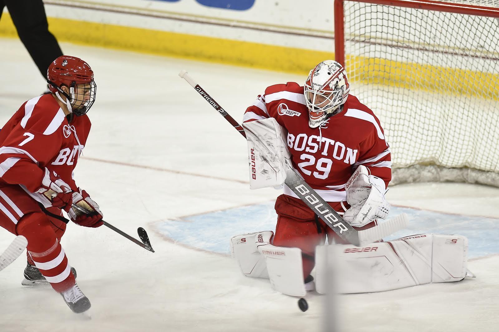 Sophomore goaltender Jake Oettinger and the Terriers will take on University of New Hampshire Friday. PHOTO BY MADDIE MALHOTRA/ DAILY FREE PRESS STAFF