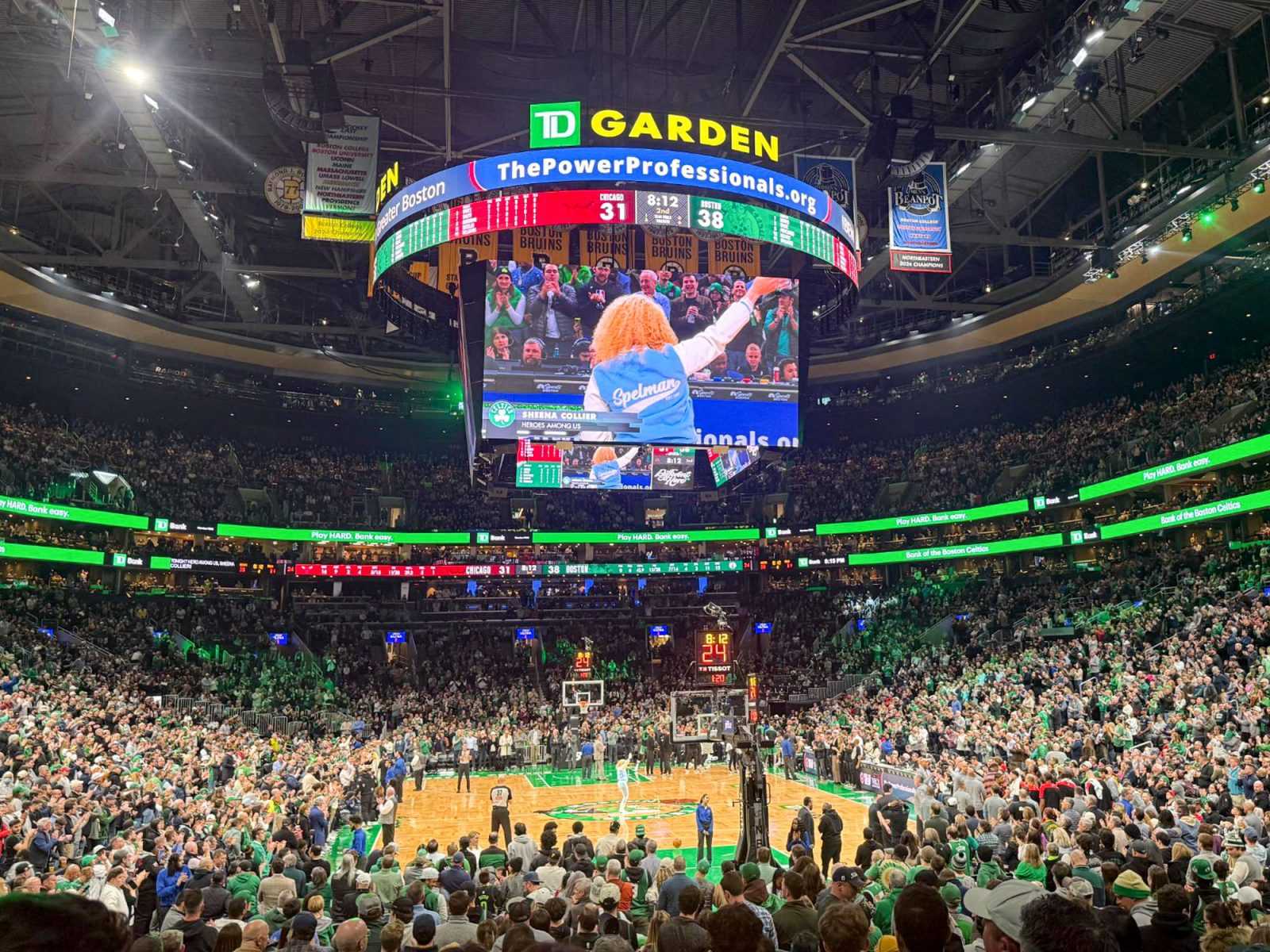 Sheena Collier, founder of Boston While Black, is shown on the jumbotron at TD Garden. The Boston Celtics celebrated Historically Black Colleges and Universities Night and honored Collier as the night’s “Hero Among Us” on Wednesday. PHOTO BY KAILYN SMITH 
