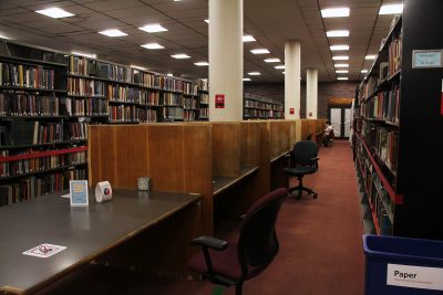Desks in Mugar Memorial Library at Boston University
