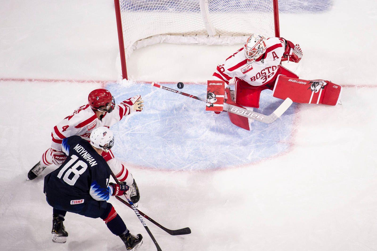 Boston University sophomore defenseman David Farrance and junior goaltender Jake Oettinger both played for the United States Under-18 men’s hockey team during the 2016-17 and 2015-16 seasons, respectively. MADDIE MALHOTRA/ DAILY FREE PRESS STAFF