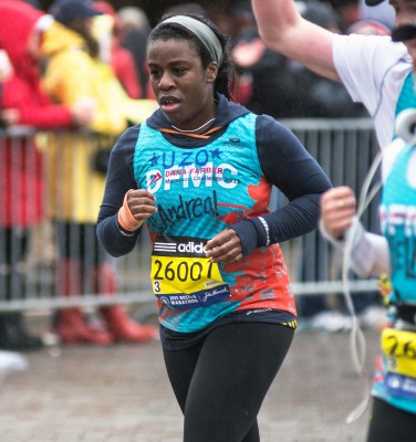 "Orange is the New Black" star Uzo Aduba runs toward Kenmore Square Monday during the Boston Marathon. PHOTO BY MICHAEL DESOCIO/DAILY FREE PRESS STAFF