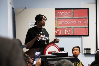 Locals gather at a town hall meeting in Roxbury to discuss solutions to violence in the city. PHOTO BY ABIGAIL FREEMAN/ DAILY FREE PRESS STAFF