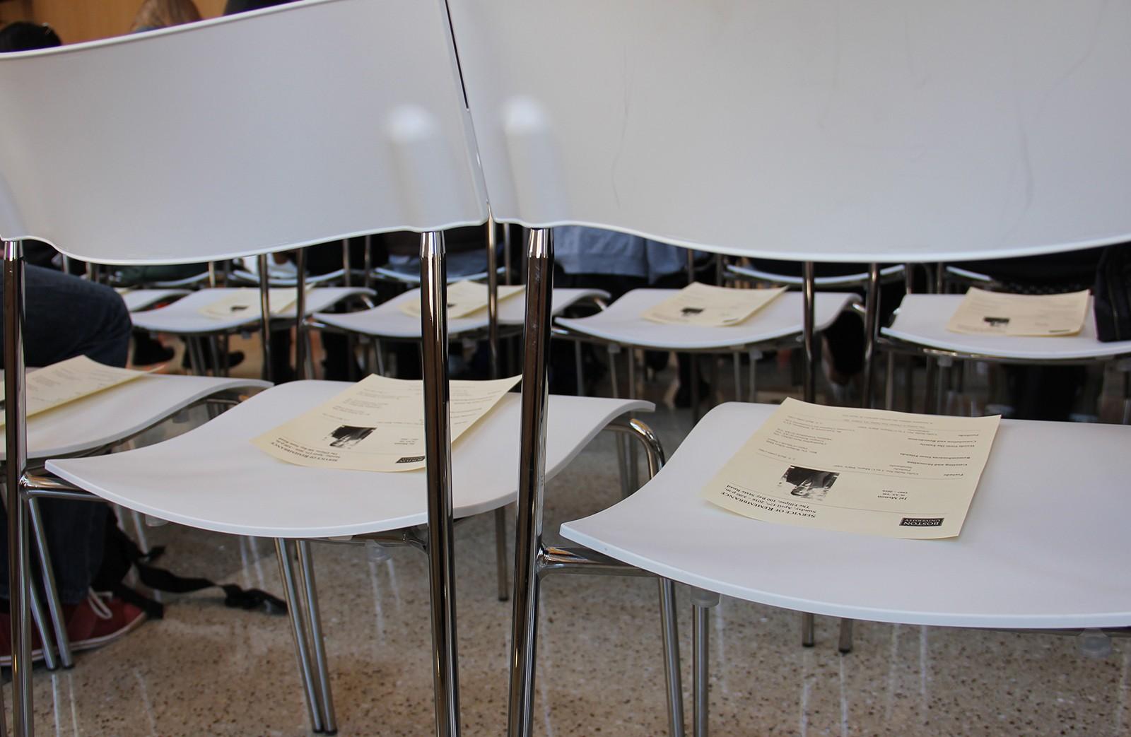 Students take their seats Sunday afternoon at the ground floor lounge of the Yawkey Center for Student Services for the wake held in memory of deceased College of Arts and Sciences freshman Jai Menon. PHOTO BY OLIVIA FALCIGNO/DAILY FREE PRESS STAFF