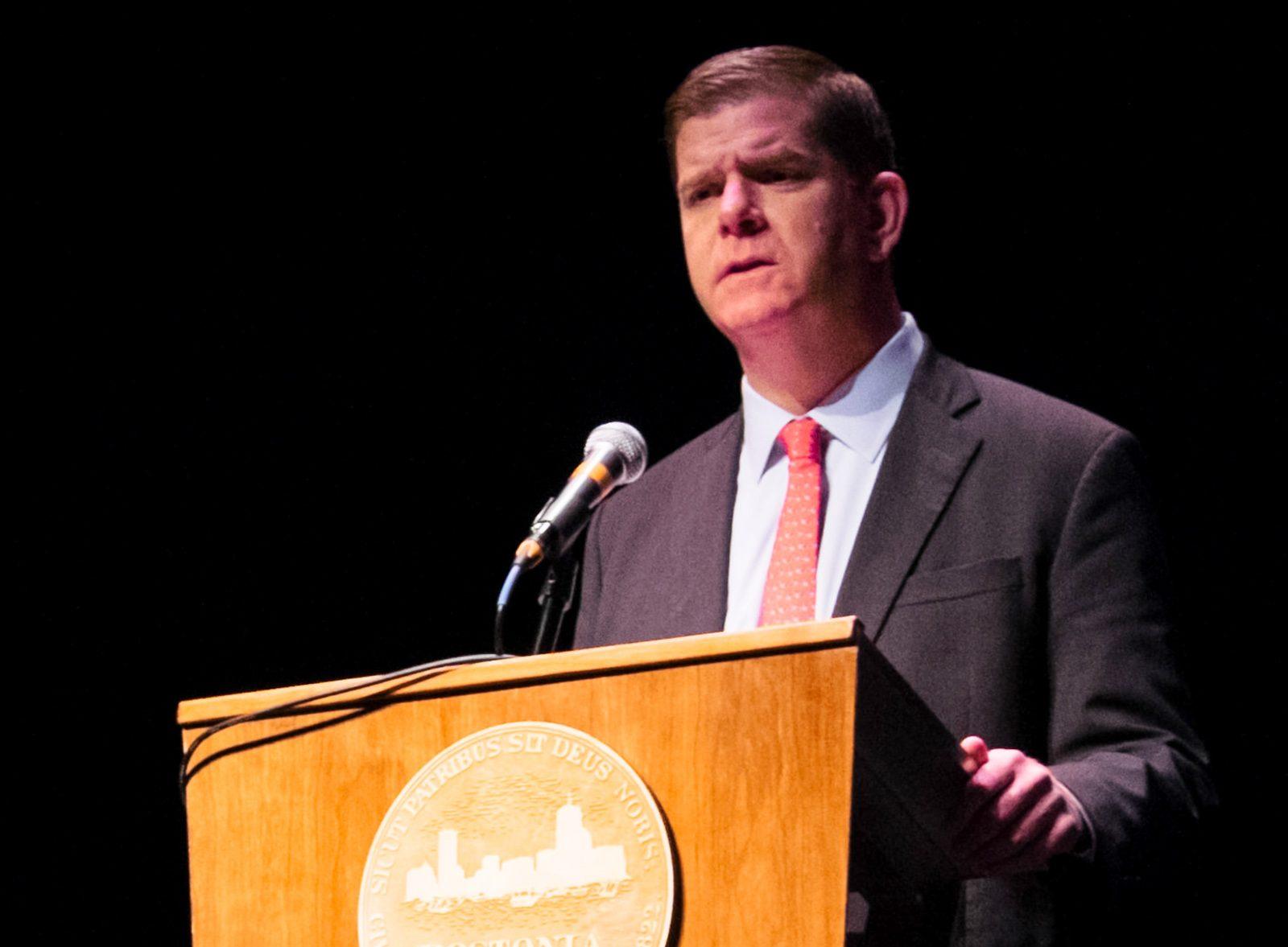 Boston Mayor Martin Walsh speaks at the Cutler Majestic Theatre in Boston on Saturday. He and other mayors in the Boston Area are joining together in the Metropolitan Mayors Coalition to fight climate change. PHOTO BY BRIAN SONG/ DAILY FREE PRESS STAFF