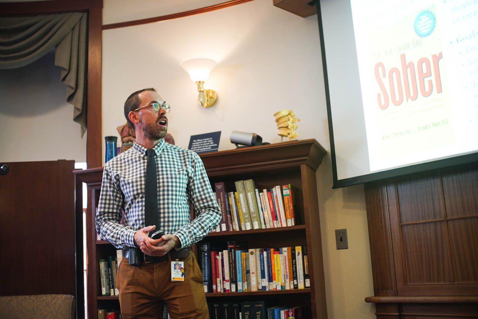 James McKowen, Ph.D., a staff psychologist at the Massachusetts General Addiction Recovery Management Service, gives a talk on the impact of marijuana on the developing brain Tuesday afternoon. SOPHIE PARK/ DAILY FREE PRESS STAFF