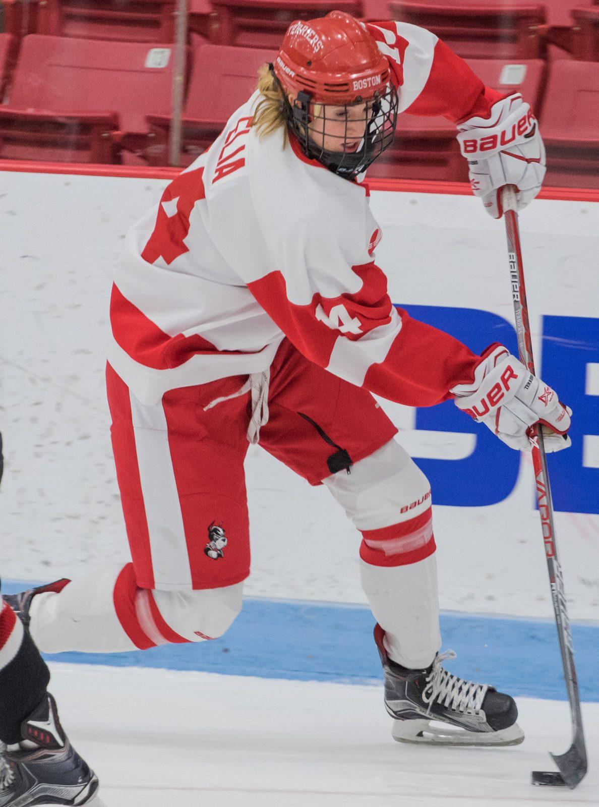 Maddie Elia recorded her 100th career point at BU in a Beanpot draw against Harvard. PHOTO BY JUSTIN HAWK/ DAILY FREE PRESS STAFF