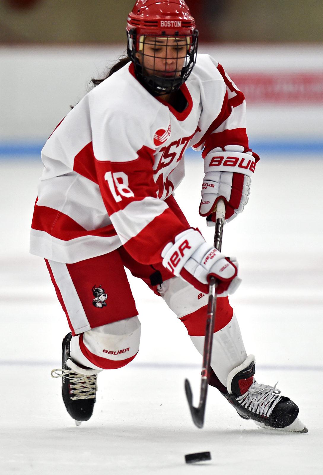 Junior transfer defensmen Reagan Rust will play her former team this weekend. PHOTO BY MADDIE MALHOTRA/ DAILY FREE PRESS STAFF