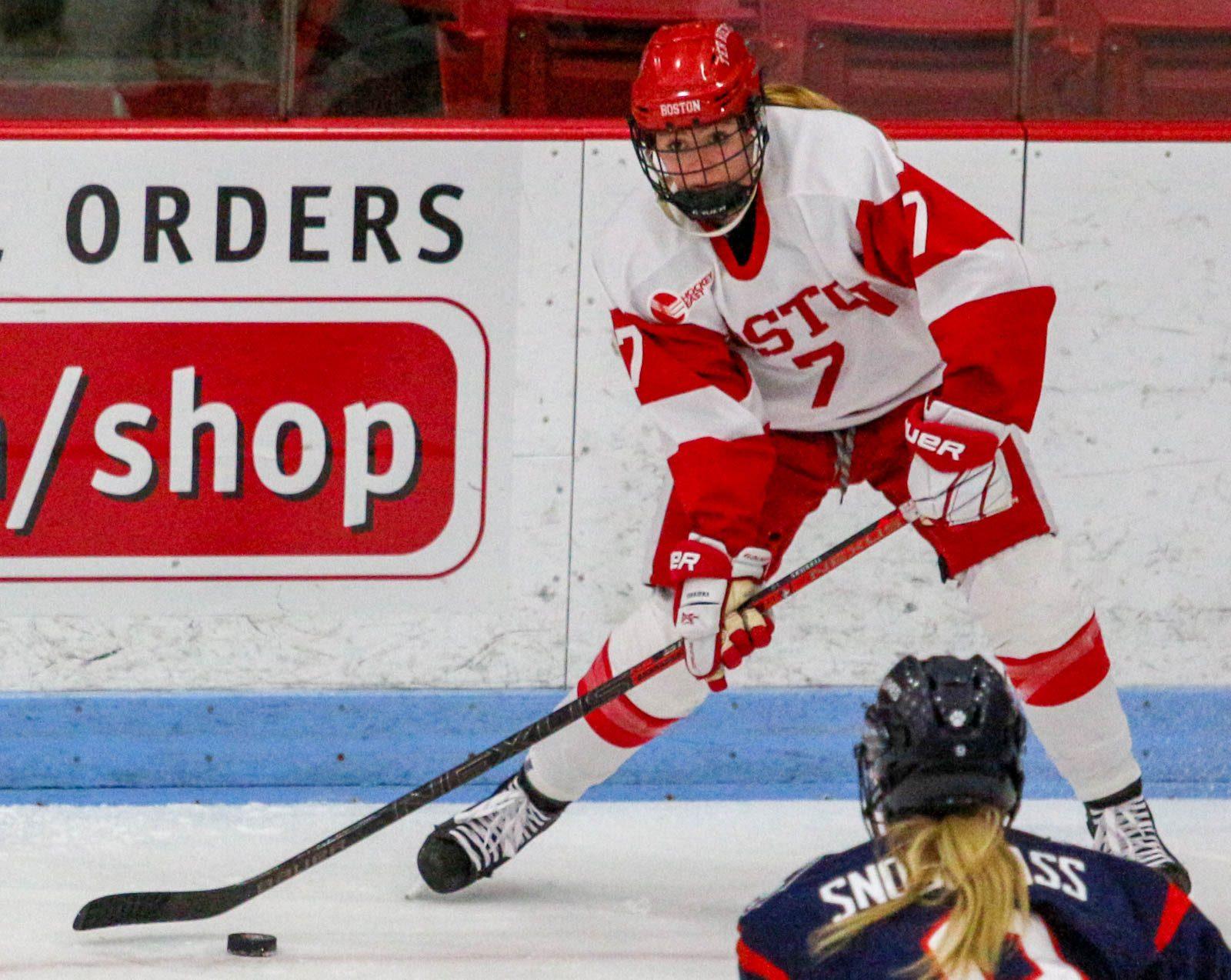 Sophomore forward Jesse Compher in an Oct.19 game against the University of Connecticut. Compher assisted on BU’s lone goal in a 2-1 loss against Northeastern University Sunday. MADISON EPPERSON/ DAILY FREE PRESS STAFF