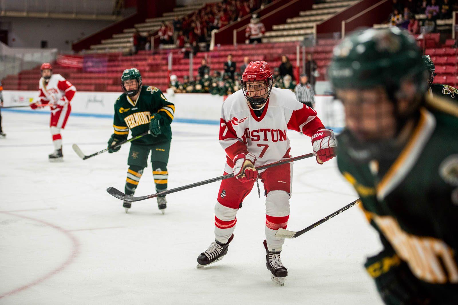 Sophomore forward Jesse Compher produced two goals over a weekend series against the University of Vermont. MAISIE MANSFIELD-GREENWALD/ DAILY FREE PRESS STAFF