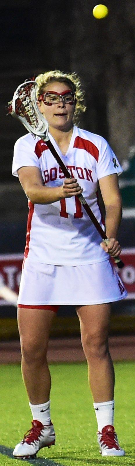 Senior attacker Taylor Hardison had 6 points against Loyola, but that wasn't enough as the Terriers fell 16-11. PHOTO BY MADDIE MALHOTRA/ DAILY FREE PRESS STAFF
