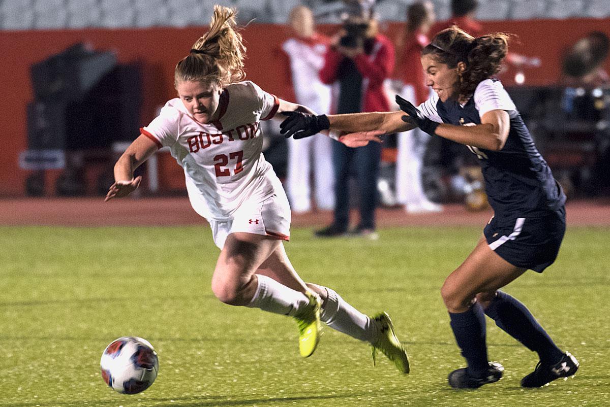Sophomore forward Anna Heilferty in a game Friday against the United States Naval Academy. Heilfety’s 89th minute bend off a corner forced the Harvard match into overtime Tuesday. MAISIE MANSFIELD-GREENWALD/ DAILY FREE PRESS STAFF