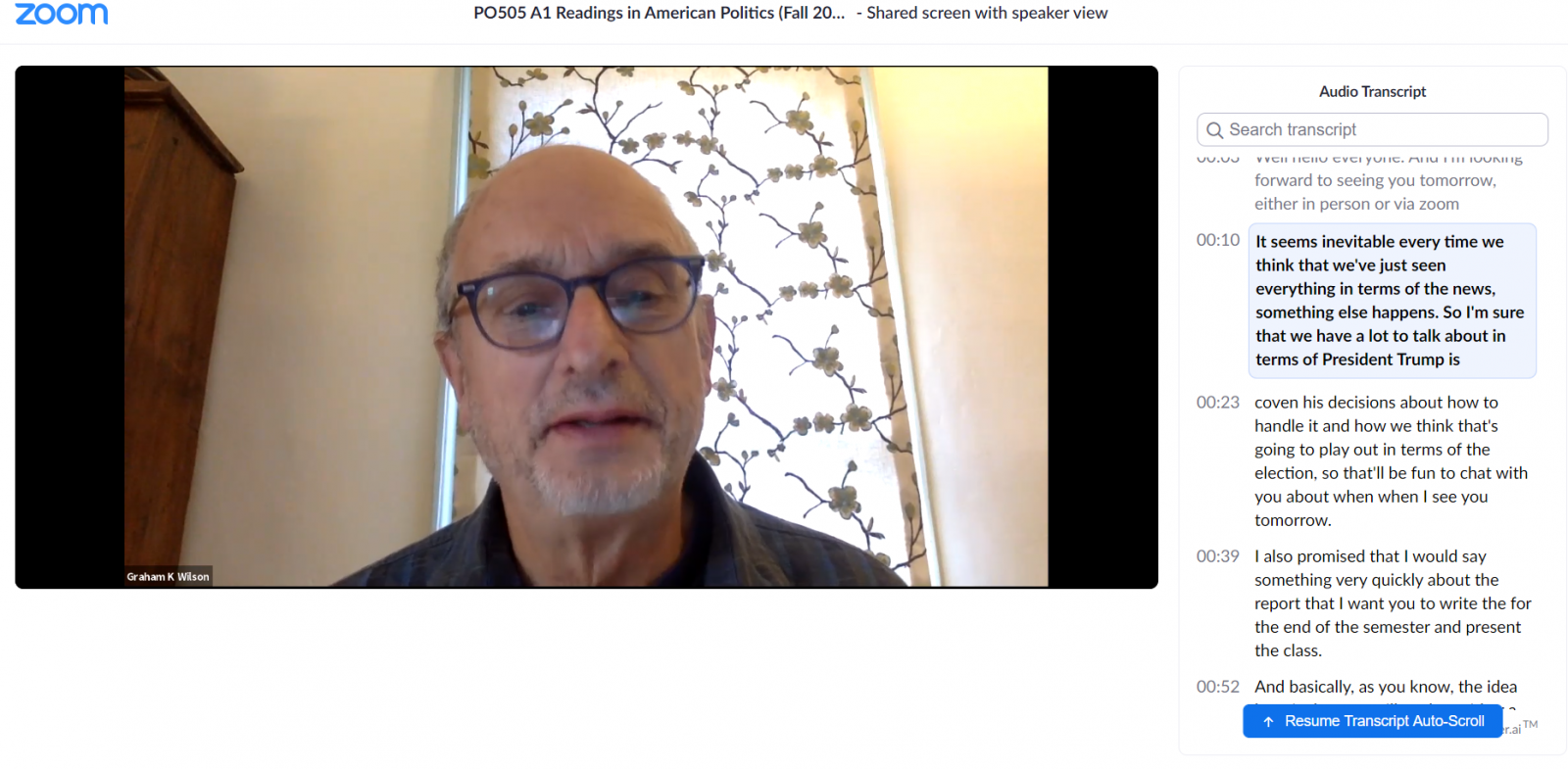 A pre-recorded Zoom lecture with an auto-scrolling audio transcript. Boston University is doing what it can to provide accommodations to deaf and hard-of-hearing students learning remotely this semester. LAURYN ALLEN/ DAILY FREE PRESS STAFF
